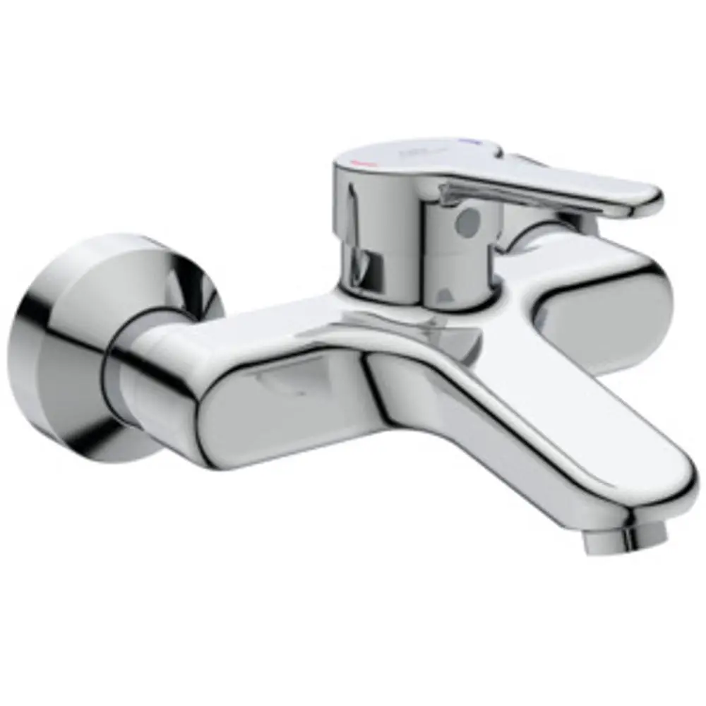 Chromfarbene Wand-Wasser-Armatur von Ideal Standard mit einem Einhebelmischer und einem Abfluss, geeignet für montierte Installation.